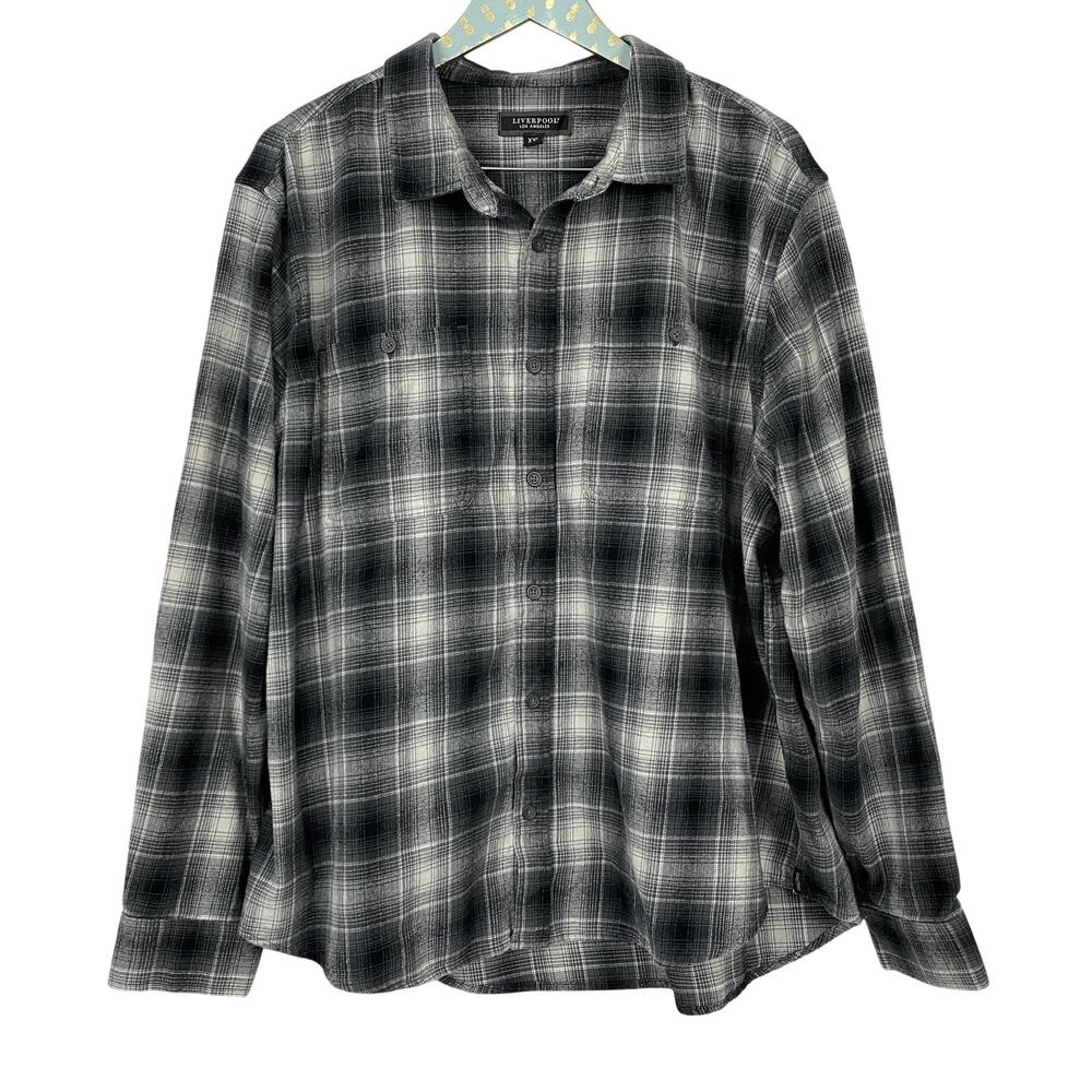Liverpool Shirt Mens 2XL Gray Black Plaid Soft Flannel‎ Button Up Casual XXL
